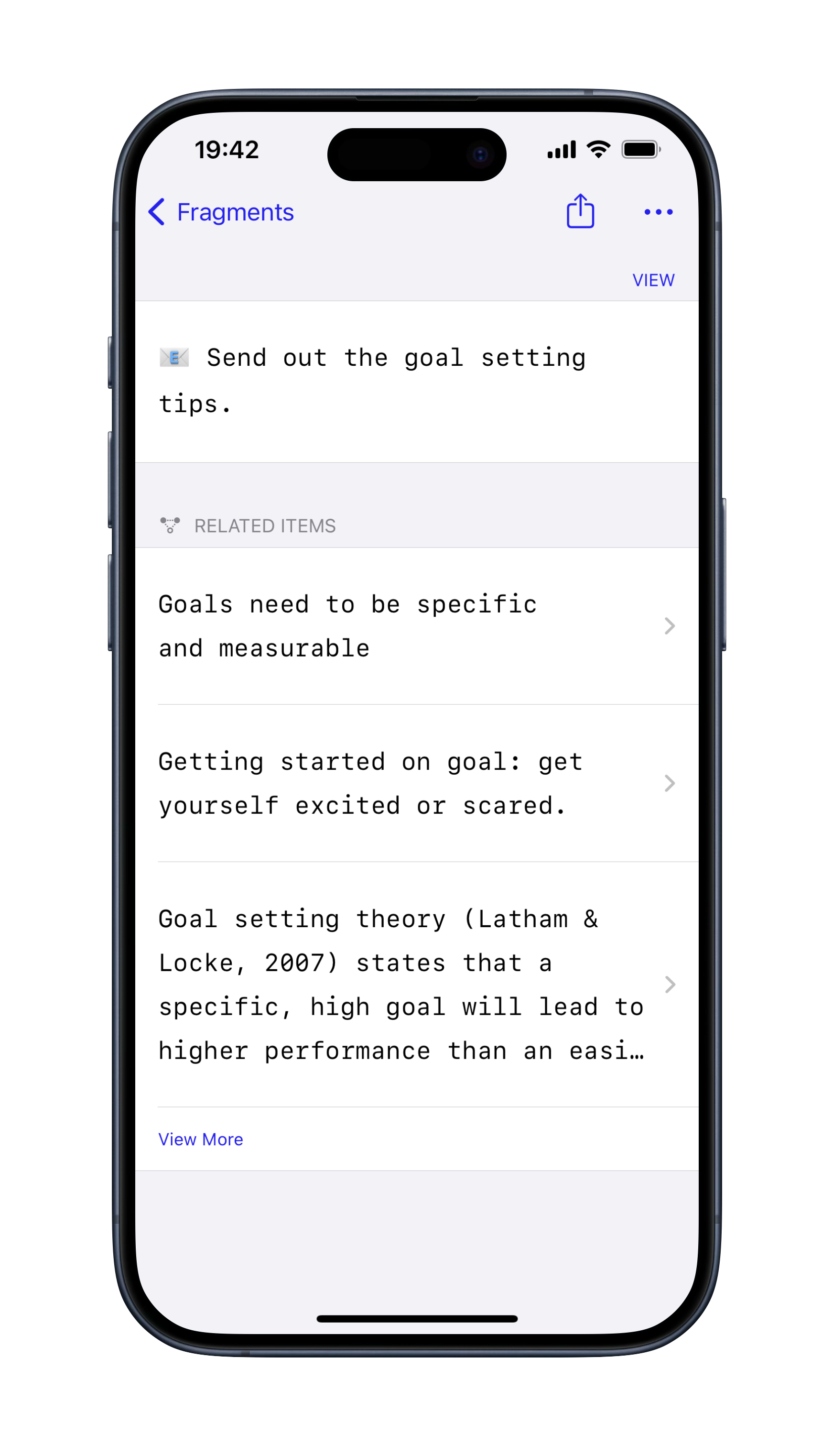 A screenshot of the app showcasing related notes. A note 'Send out the goal setting tips' shows on top of other 'Related Items' such as 'Goals need to be specific and measurable', 'Getting started on goal: get yourself excited or scared', and 'Goal setting theory (Latham & Locke, 2007) states that a specific, high goal will lead to higher performance than an easi...'